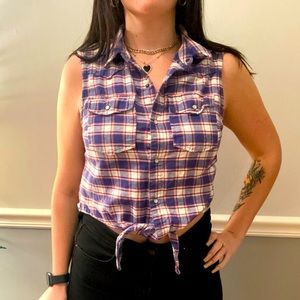 Forever 21 pink & blue plaid button up cropped tank size: L